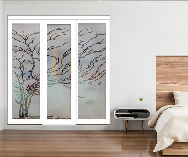 White Bypass Closet Door with Sandblasted Design Tempered Glass Panel Plg3 - 3875 - DoorDiscounter