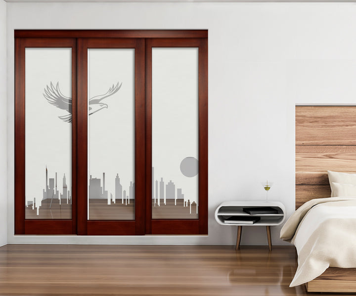 3-Leaf Bypass Sliding Closet Door with Mirror Effect and Eagle Design Mecd - 0187