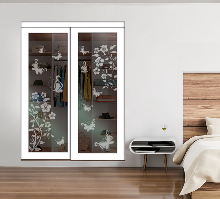 White Bypass Closet Door with Sandblasted Design Tempered Glass Panel Plg2 - 3868 - DoorDiscounter
