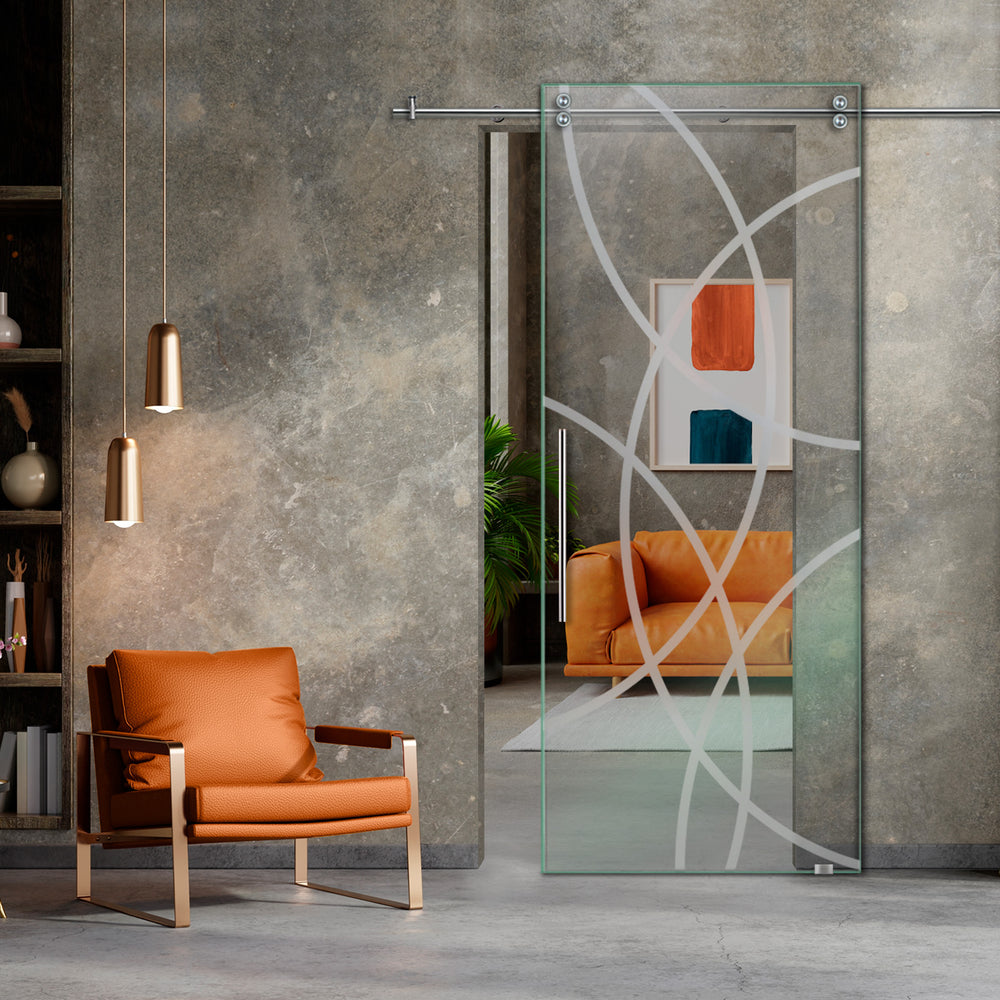 SLIDING GLASS BARN DOOR WITH FROSTED DESIGNS V2000 SGF1 - 0631 - DoorDiscounter