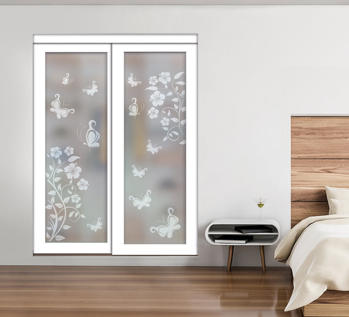 White Bypass Closet Door with Sandblasted Design Tempered Glass Panel Plg2 - 3868 - DoorDiscounter