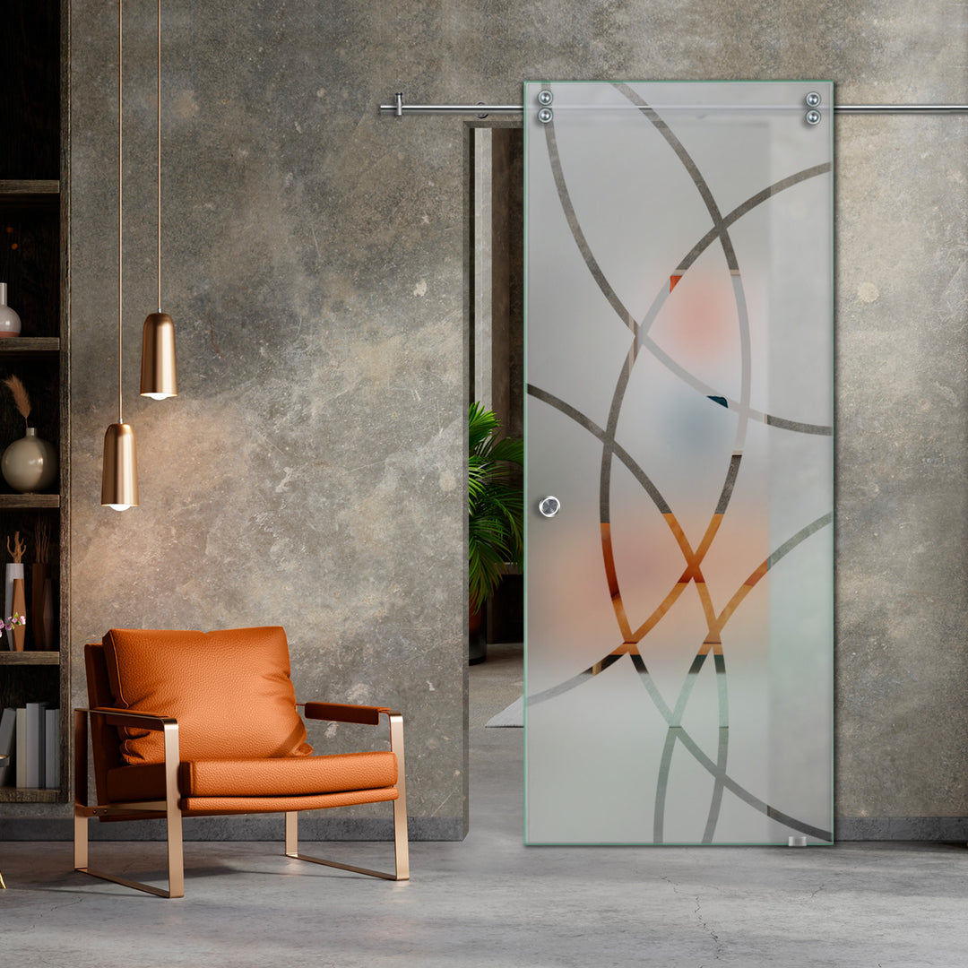 SLIDING GLASS BARN DOOR WITH FROSTED DESIGNS V2000 SGF1 - 0631 - DoorDiscounter