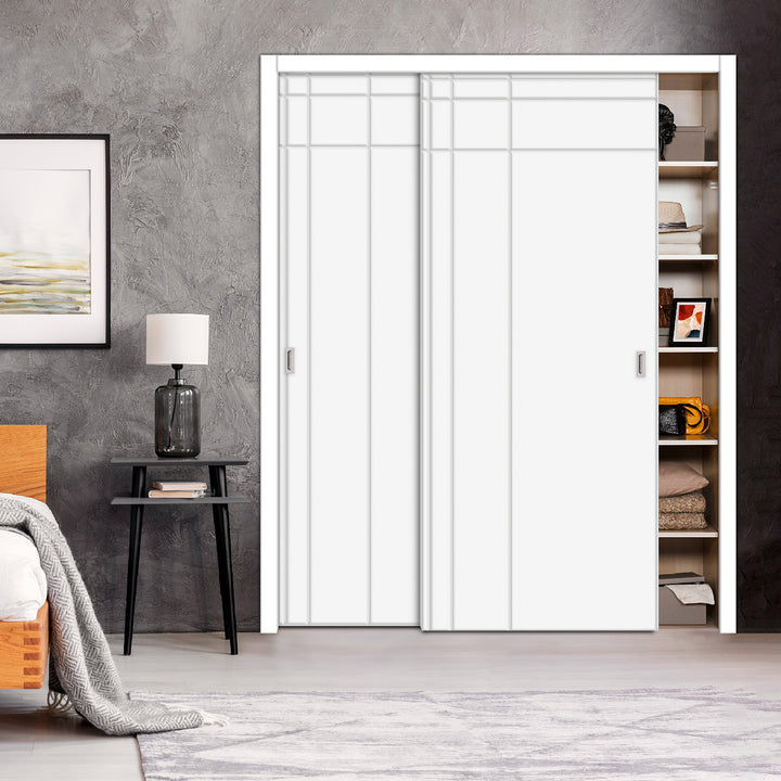 2 Leaf Bypass Sliding Closet Door with Modern Engraved Design & Hardware Kit 2SCD -0009 - DoorDiscounter
