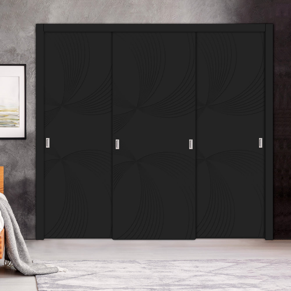 3 Leaf Bypass Sliding Closet Door with Modern Engraved Design & Hardware Kit 3SCD- 0111 - DoorDiscounter