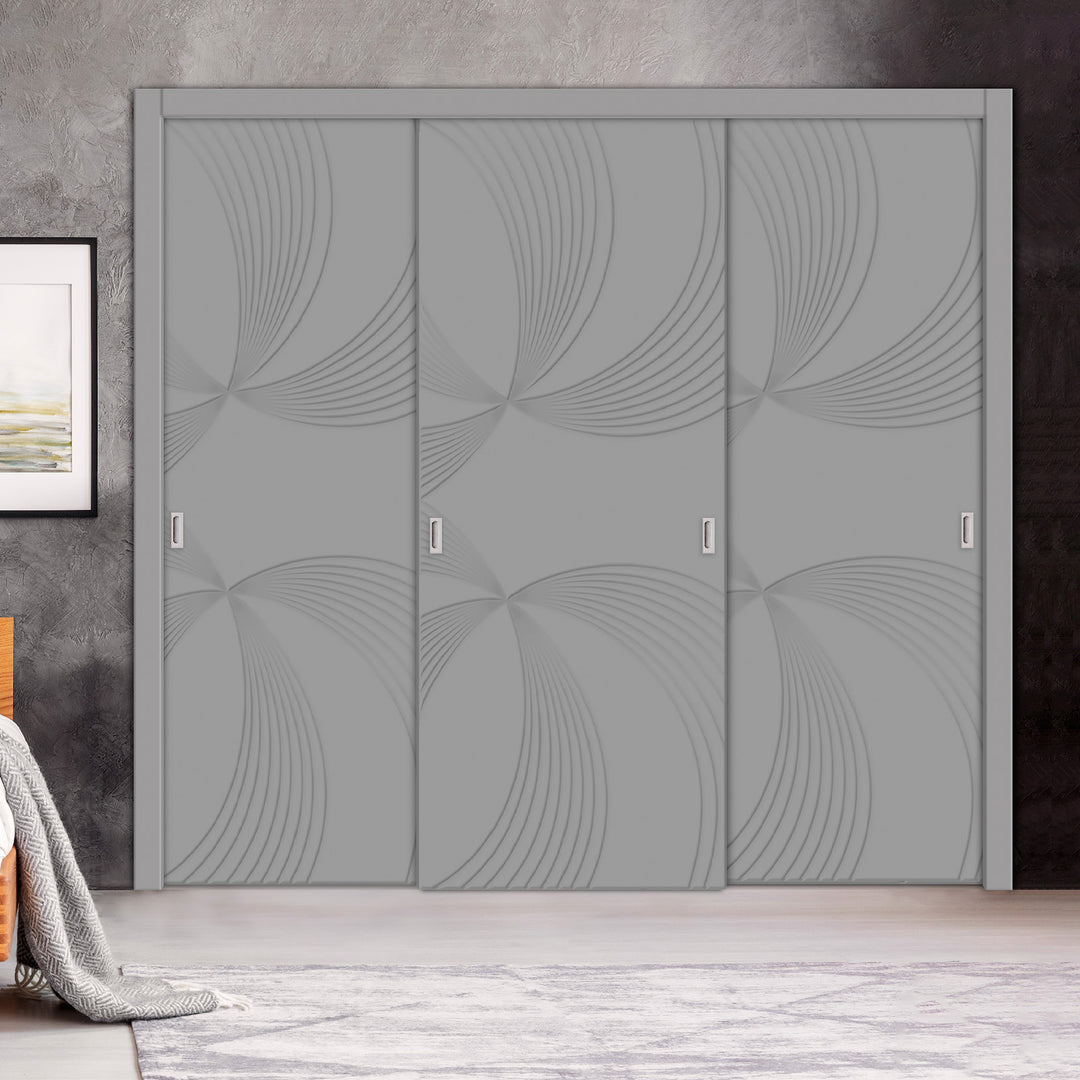 3 Leaf Bypass Sliding Closet Door with Modern Engraved Design & Hardware Kit 3SCD- 0111 - DoorDiscounter
