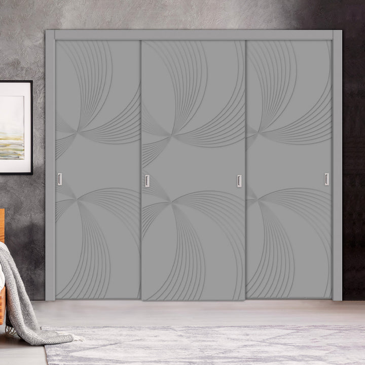 3 Leaf Bypass Sliding Closet Door with Modern Engraved Design & Hardware Kit 3SCD- 0111 - DoorDiscounter