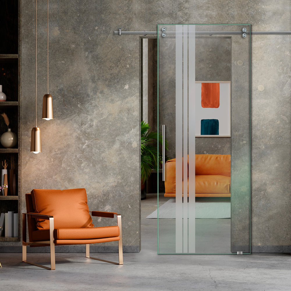 SLIDING GLASS BARN DOOR WITH FROSTED DESIGNS V2000 SGF1 - 0632 - DoorDiscounter