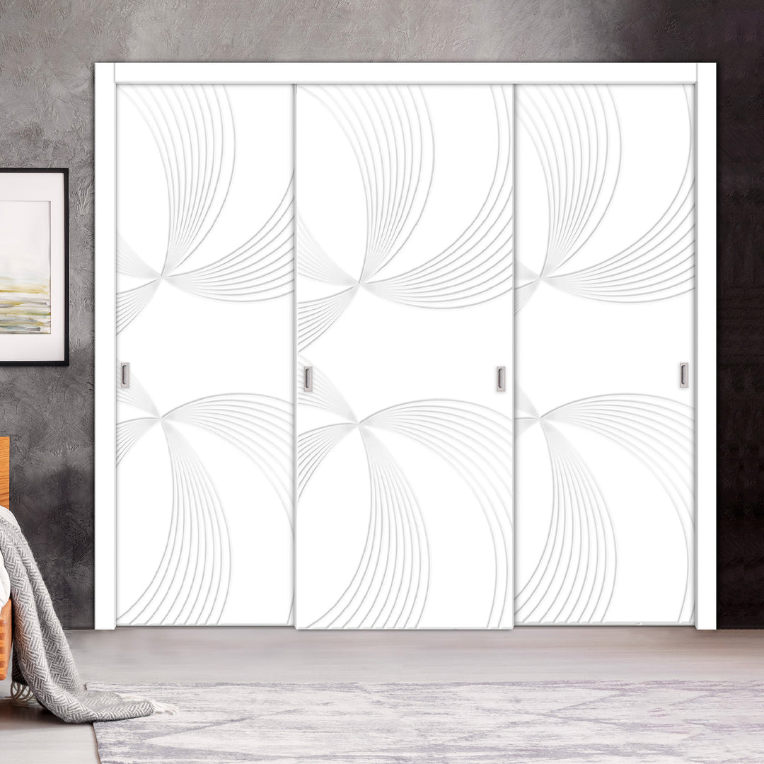 3 Leaf Bypass Sliding Closet Door with Modern Engraved Design & Hardware Kit 3SCD- 0111 - DoorDiscounter