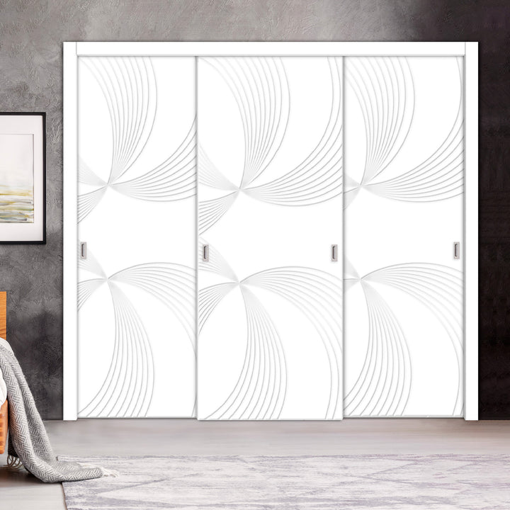 3 Leaf Bypass Sliding Closet Door with Modern Engraved Design & Hardware Kit 3SCD- 0111 - DoorDiscounter