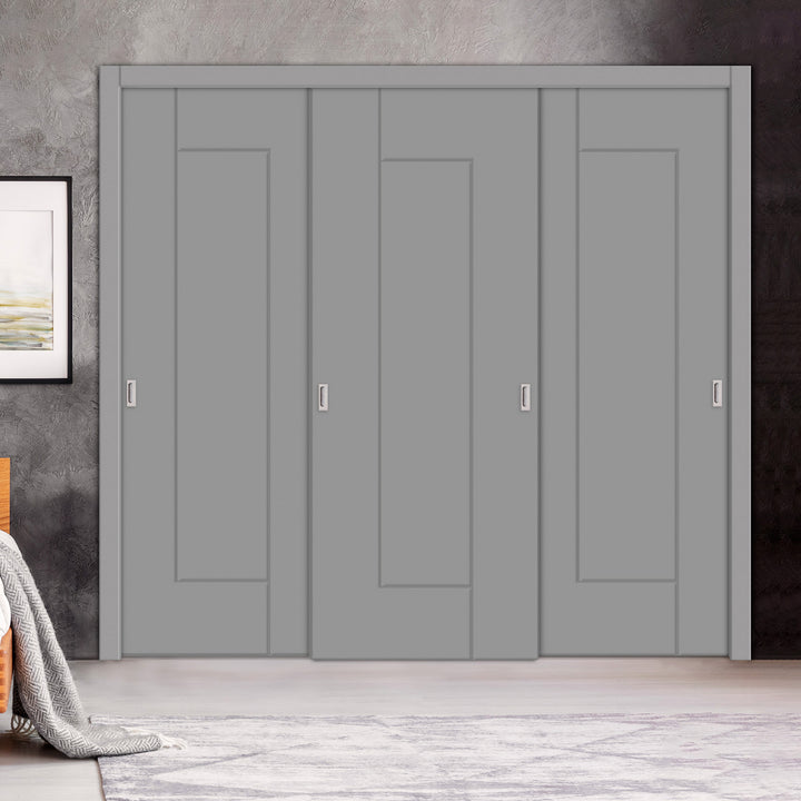 3 Leaf Bypass Sliding Closet Door with Modern Engraved Design & Hardware Kit 3SCD- 0112 - DoorDiscounter