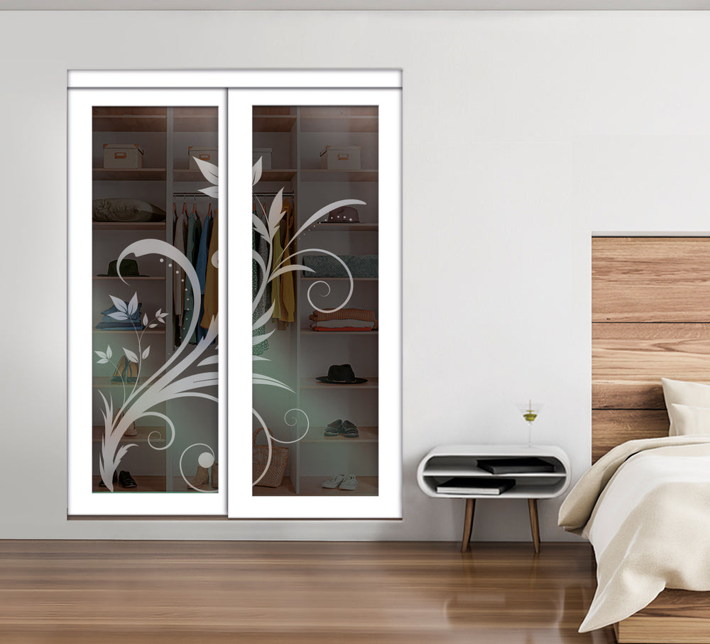 White Bypass Closet Door with Sandblasted Design Tempered Glass Panel Plg2 - 3870 - DoorDiscounter