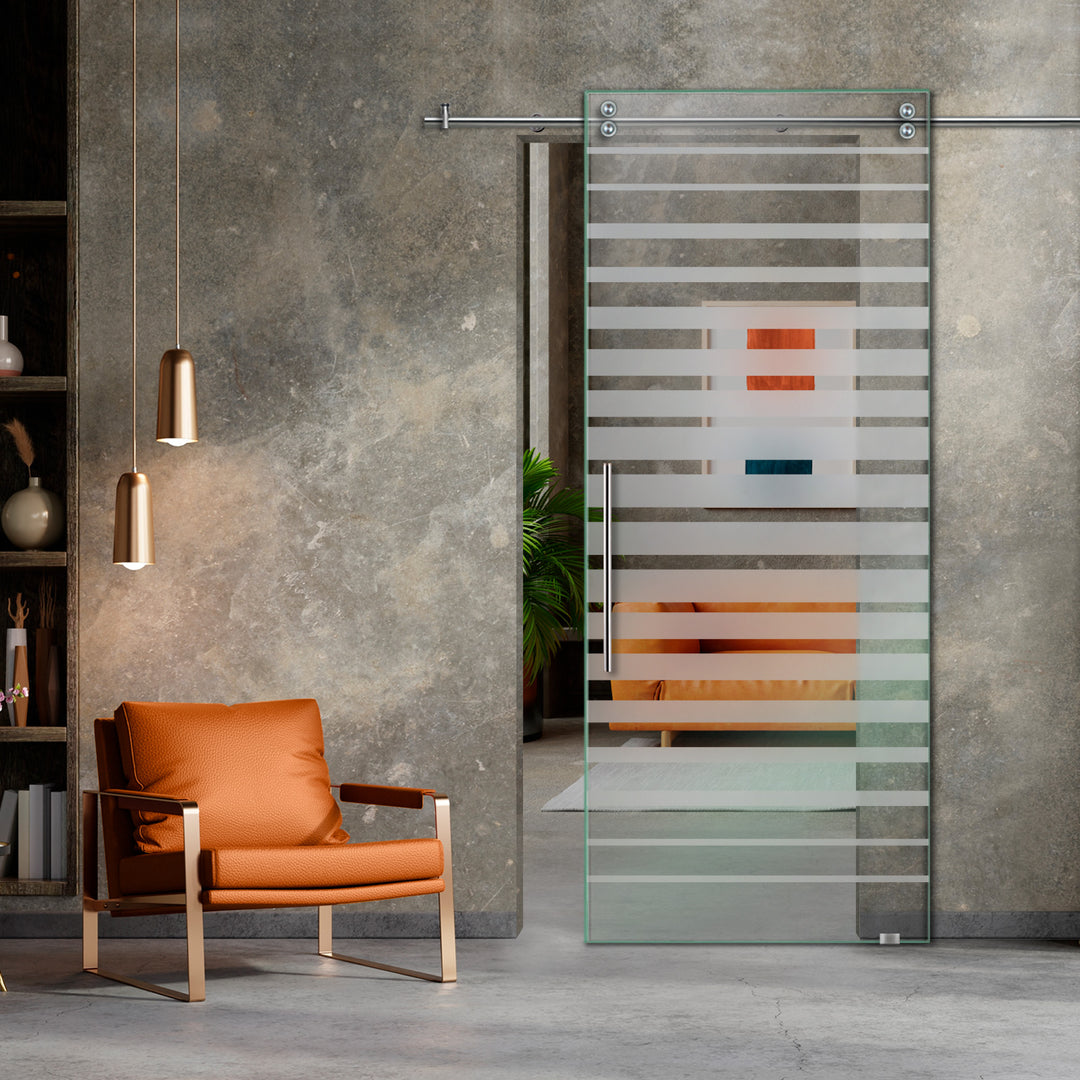 SLIDING GLASS BARN DOOR WITH FROSTED DESIGNS V2000 SGF1 - 0633 - DoorDiscounter