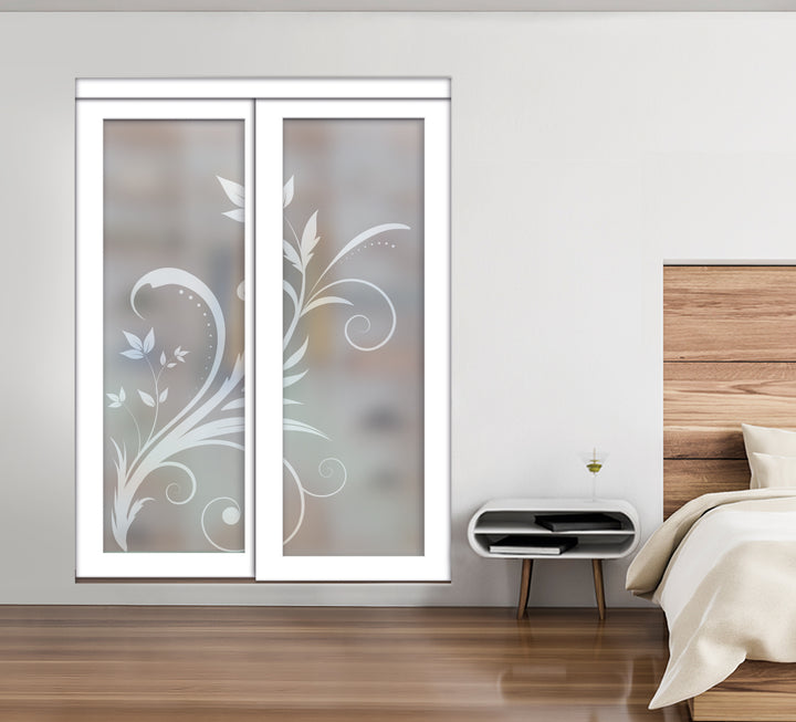 White Bypass Closet Door with Sandblasted Design Tempered Glass Panel Plg2 - 3870 - DoorDiscounter