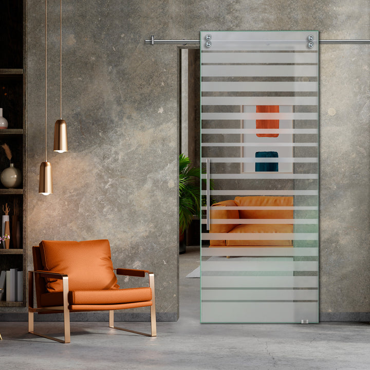 SLIDING GLASS BARN DOOR WITH FROSTED DESIGNS V2000 SGF1 - 0633 - DoorDiscounter