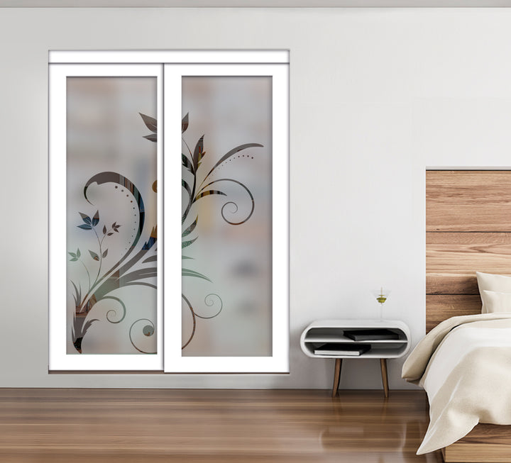 White Bypass Closet Door with Sandblasted Design Tempered Glass Panel Plg2 - 3870 - DoorDiscounter