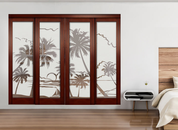 4-Leaf Bypass Sliding Closet Door with Mirror Effect Material and Palm Design Mec4 - 0529