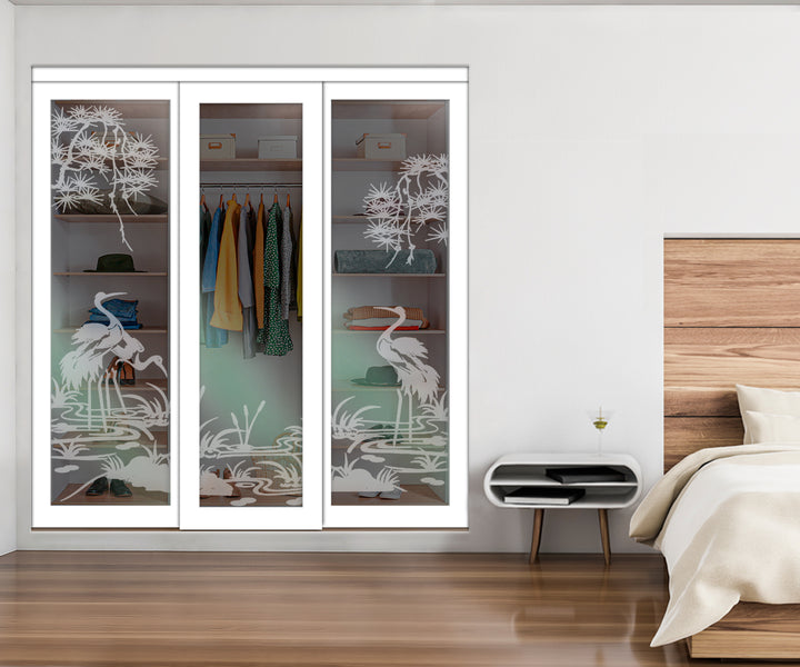 White Bypass Closet Door with Sandblasted Design Tempered Glass Panel Plg3 - 3879 - DoorDiscounter