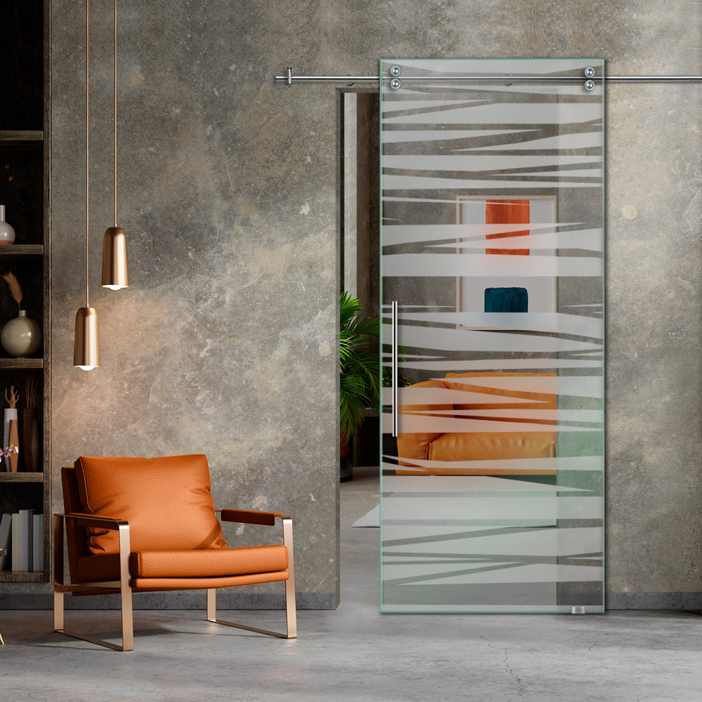 SLIDING GLASS BARN DOOR WITH FROSTED DESIGNS V2000 SGF1 - 0634 - DoorDiscounter