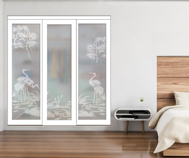 White Bypass Closet Door with Sandblasted Design Tempered Glass Panel Plg3 - 3879 - DoorDiscounter