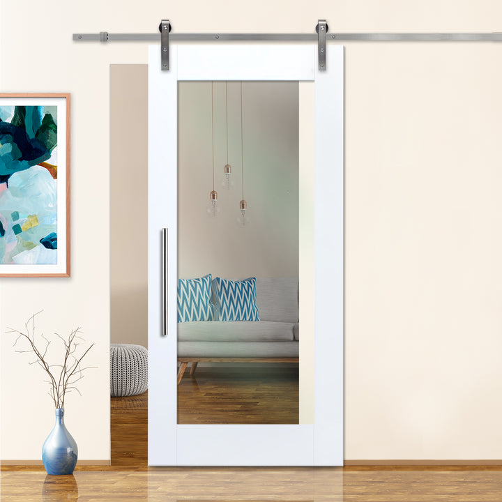 White Lacquered Sliding Barn Door with Clear Glass Insert WGD - 1559 - DoorDiscounter