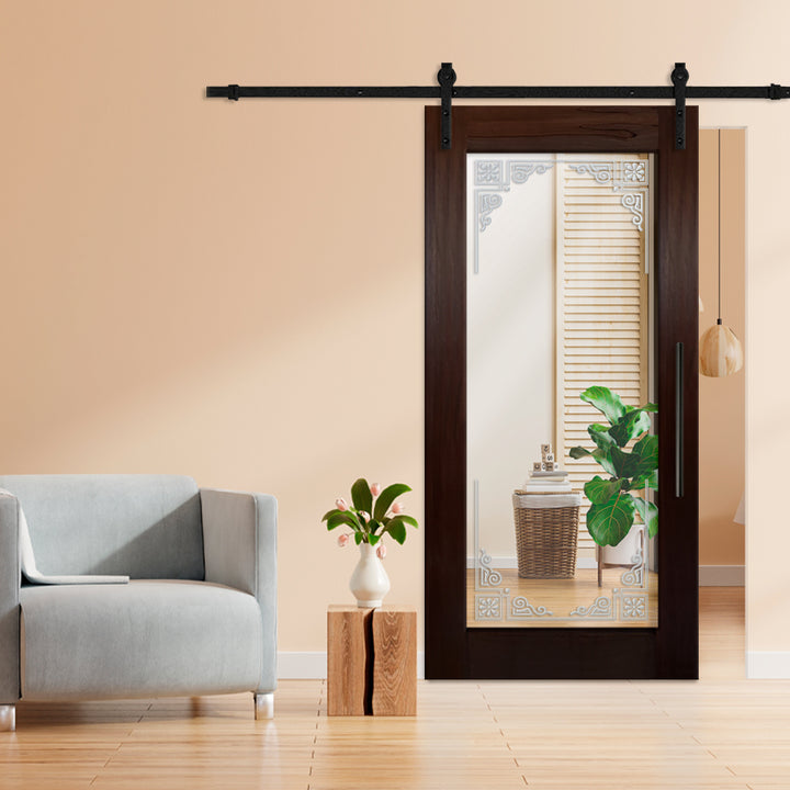 SOLID WOOD MIRROR SLIDING BARN DOOR WITH WITH VARIOUS FROSTED DESING MSFP - 3258 - DoorDiscounter