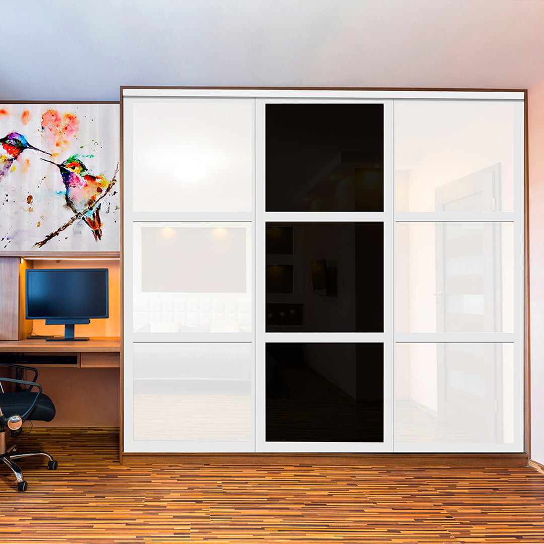 Closet Door with 3 Panel - Black and White Painted Glass - DoorDiscounter