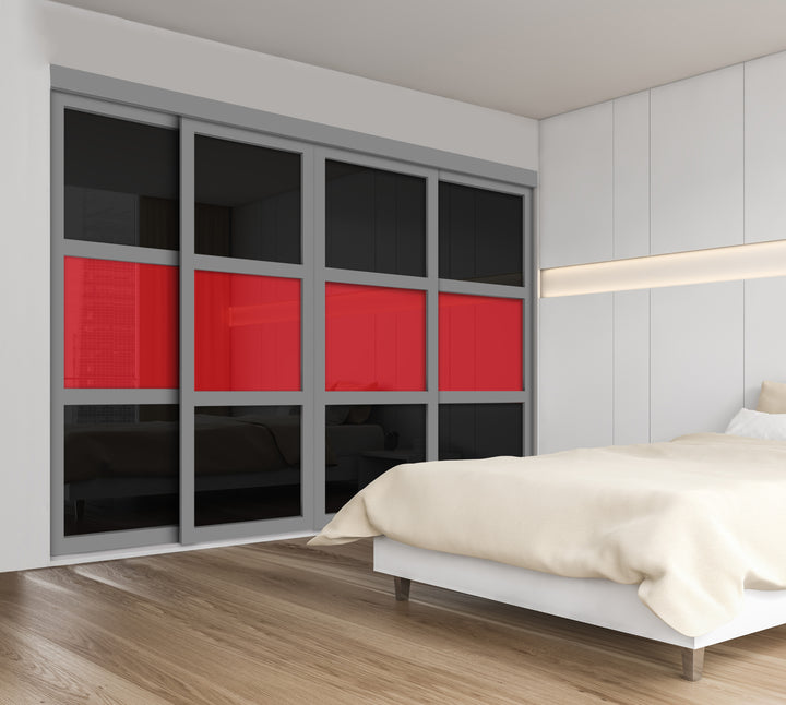 CLOSET DOOR WITH 4 PANEL - BLACK AND RED PAINTED GLASS SSM4 - 2741 - DoorDiscounter