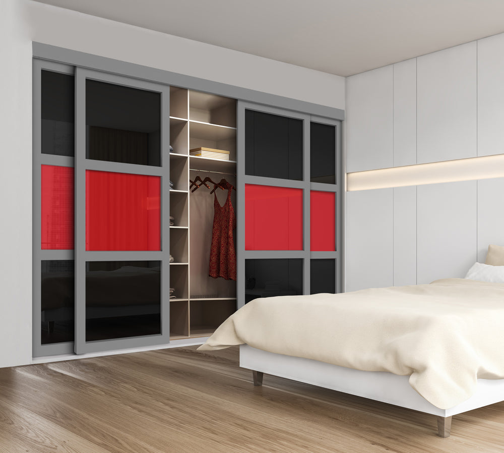 CLOSET DOOR WITH 4 PANEL - BLACK AND RED PAINTED GLASS SSM4 - 2741 - DoorDiscounter