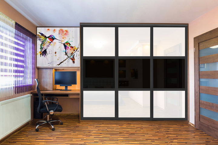 Closet Door with 3 Panel - Black and White Painted Glass - DoorDiscounter