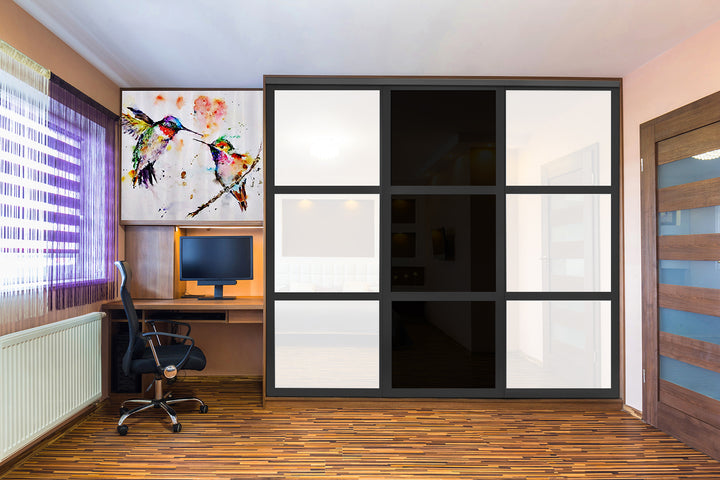 Closet Door with 3 Panel - Black and White Painted Glass - DoorDiscounter