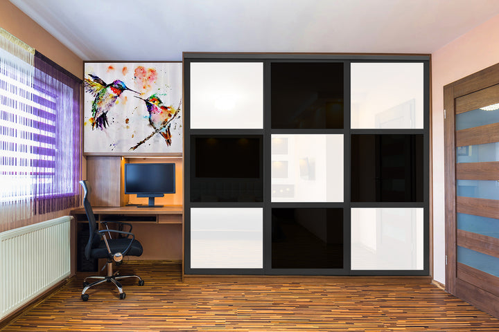 Closet Door with 3 Panel - Black and White Painted Glass - DoorDiscounter