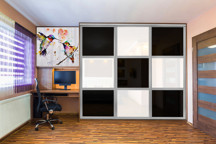 Closet Door with 3 Panel - Black and White Painted Glass - DoorDiscounter
