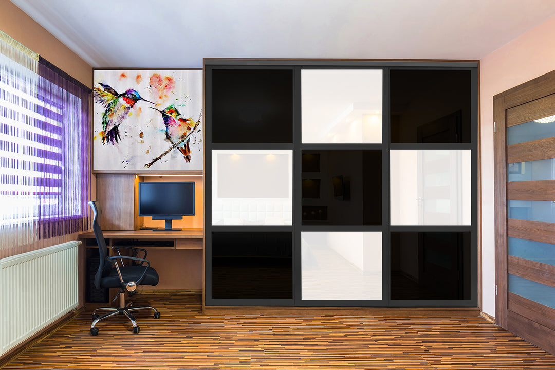 Closet Door with 3 Panel - Black and White Painted Glass - DoorDiscounter