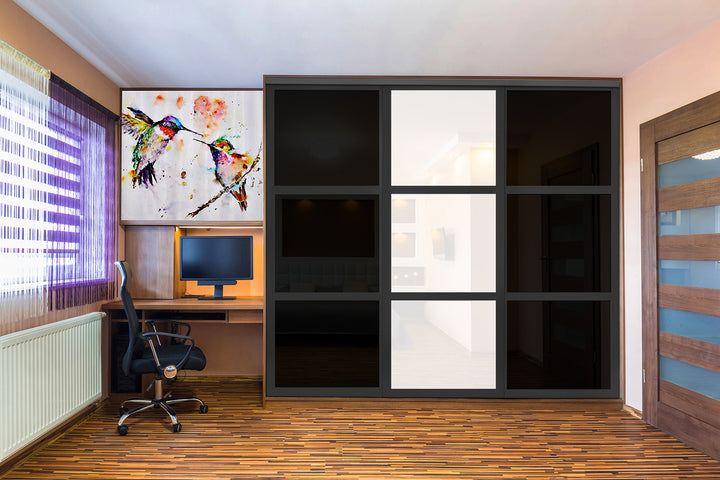 Closet Door with 3 Panel - Black and White Painted Glass - DoorDiscounter