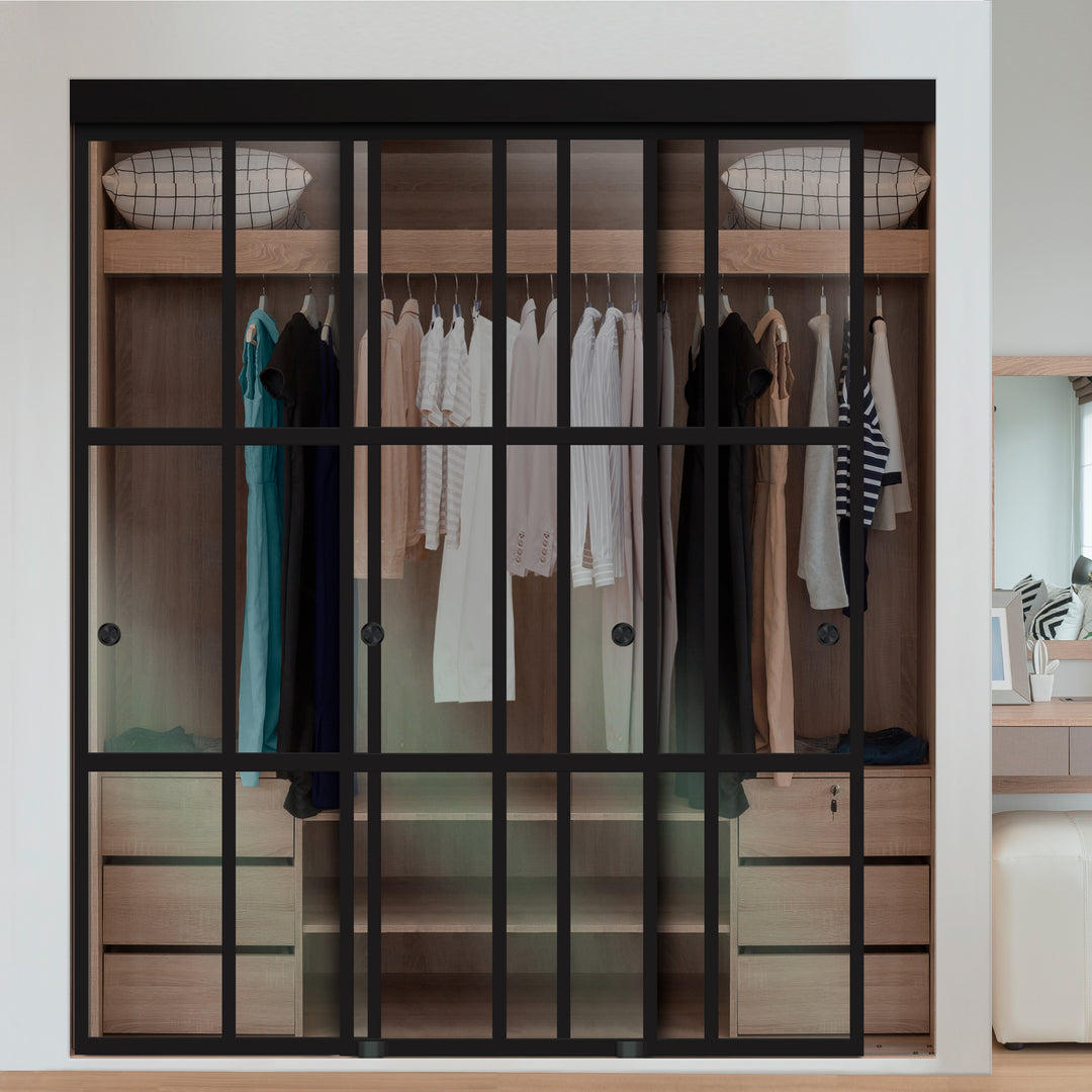 3 PANEL INDUSTRIAL STYLE FRAMELESS CLOSET SLIDING GLASS DOORS IFG3 - 3044 - DoorDiscounter