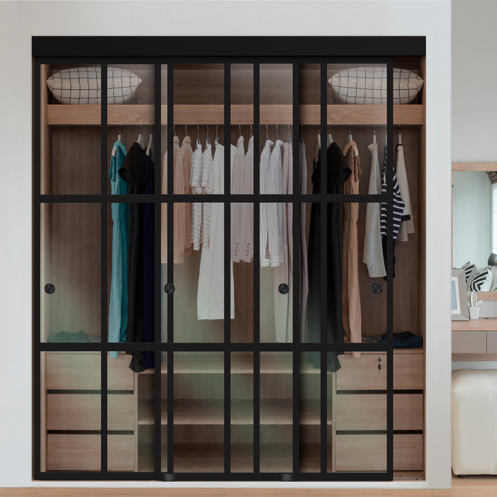 3 PANEL INDUSTRIAL STYLE FRAMELESS CLOSET SLIDING GLASS DOORS IFG3 - 3044 - DoorDiscounter