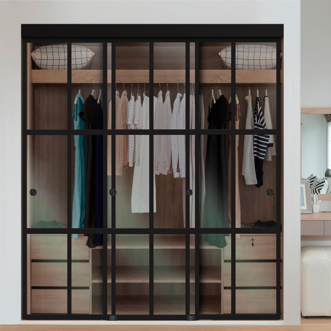 3 PANEL INDUSTRIAL STYLE FRAMELESS CLOSET SLIDING GLASS DOORS IFG3 - 3044 - DoorDiscounter