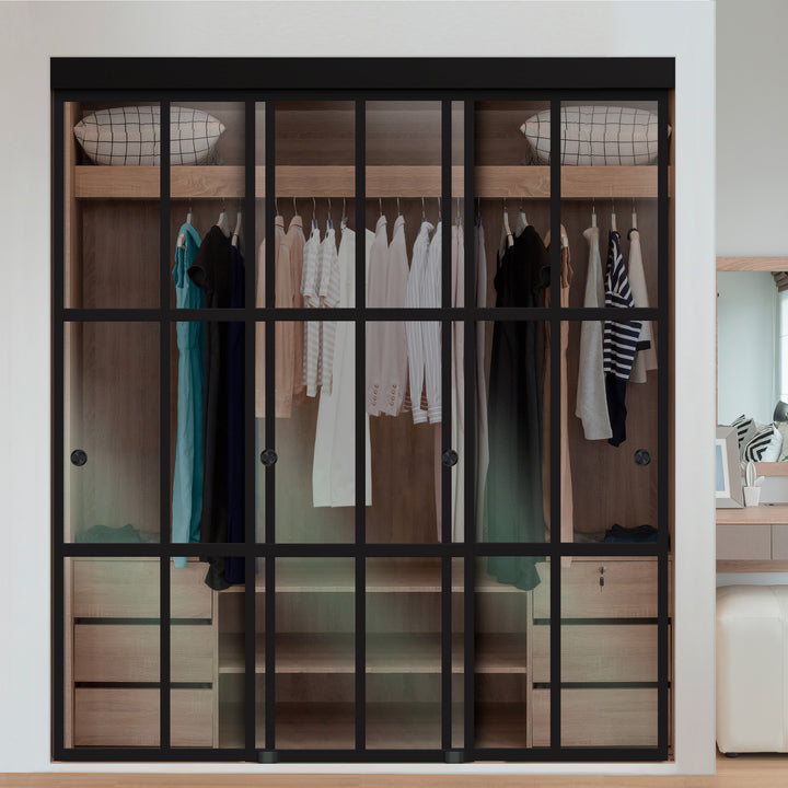 3 PANEL INDUSTRIAL STYLE FRAMELESS CLOSET SLIDING GLASS DOORS IFG3 - 3044 - DoorDiscounter