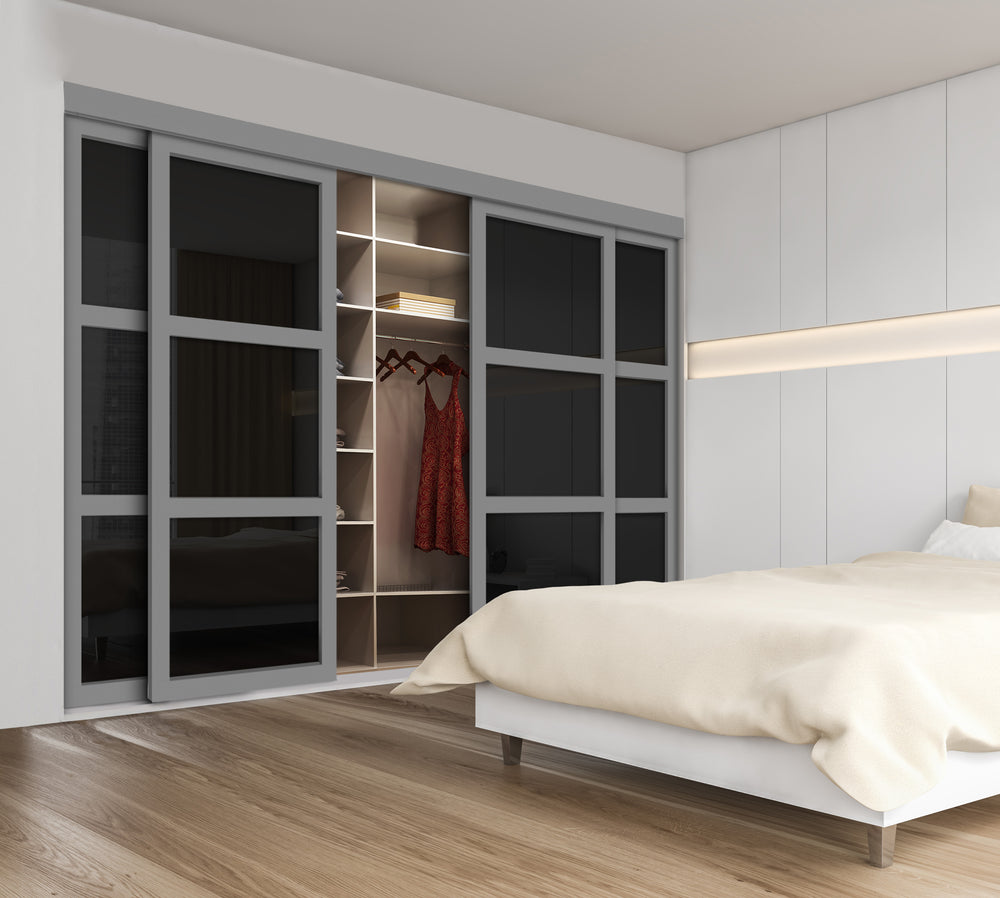 CLOSET DOOR WITH 4 PANEL -  BLACK PAINTED GLASS PANEL SSM4 - 2739 - DoorDiscounter