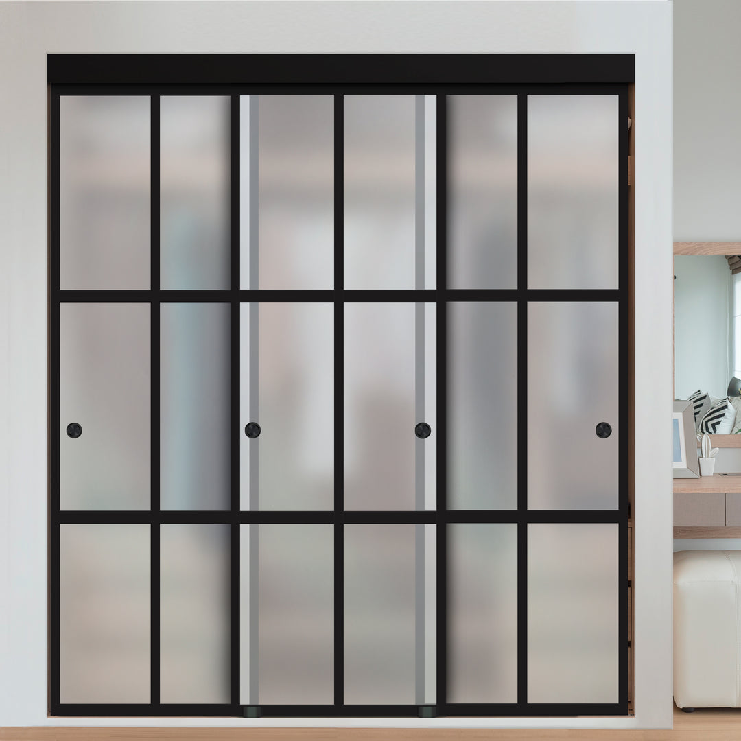 3 PANEL INDUSTRIAL STYLE FRAMELESS CLOSET SLIDING GLASS DOORS IFG3 - 3044 - DoorDiscounter