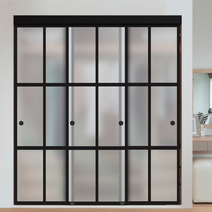 3 PANEL INDUSTRIAL STYLE FRAMELESS CLOSET SLIDING GLASS DOORS IFG3 - 3044 - DoorDiscounter