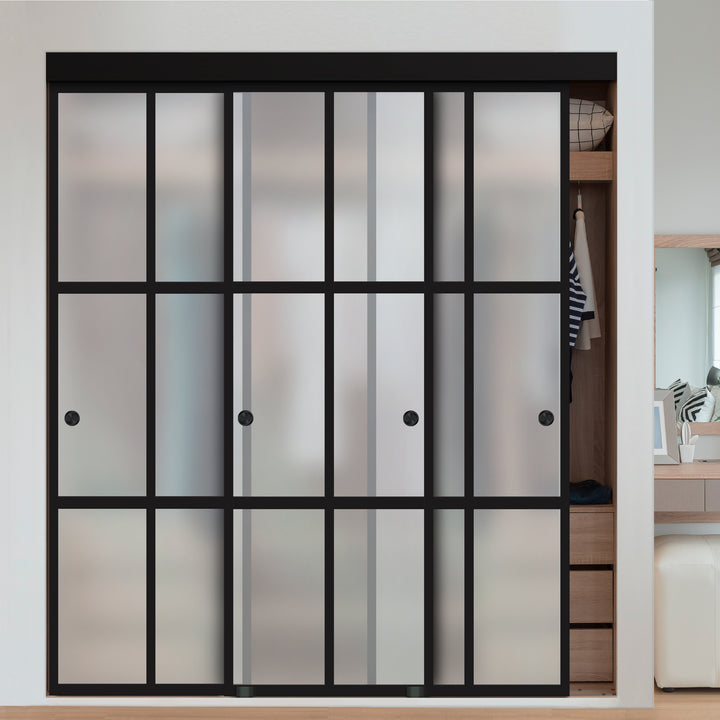3 PANEL INDUSTRIAL STYLE FRAMELESS CLOSET SLIDING GLASS DOORS IFG3 - 3044 - DoorDiscounter