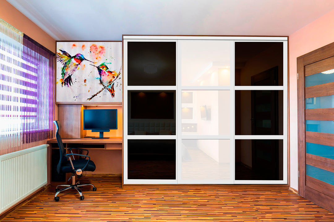 Closet Door with 3 Panel - Black and White Painted Glass - DoorDiscounter