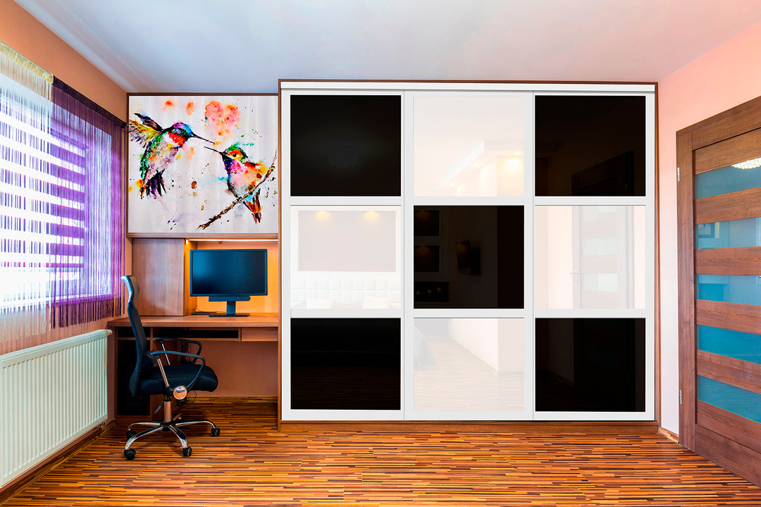 Closet Door with 3 Panel - Black and White Painted Glass - DoorDiscounter
