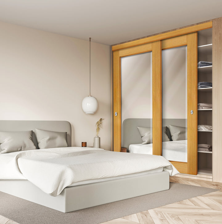 Beveled Edge Mirror Sliding Bypass Closet Door with Mirror Panel Inserts PLBM - 2589 - DoorDiscounter