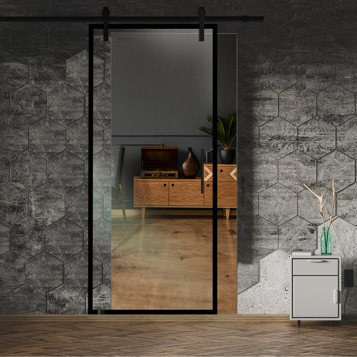 Frameless Industrial Glass Style Sliding Barn Door FIB1 - 1376 - DoorDiscounter