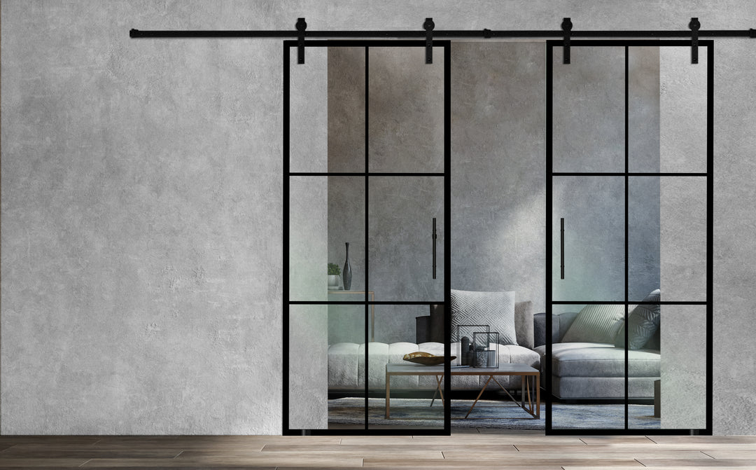 Frameless Industrial Glass Style Sliding Double Barn Door FIBD - 1380 - DoorDiscounter