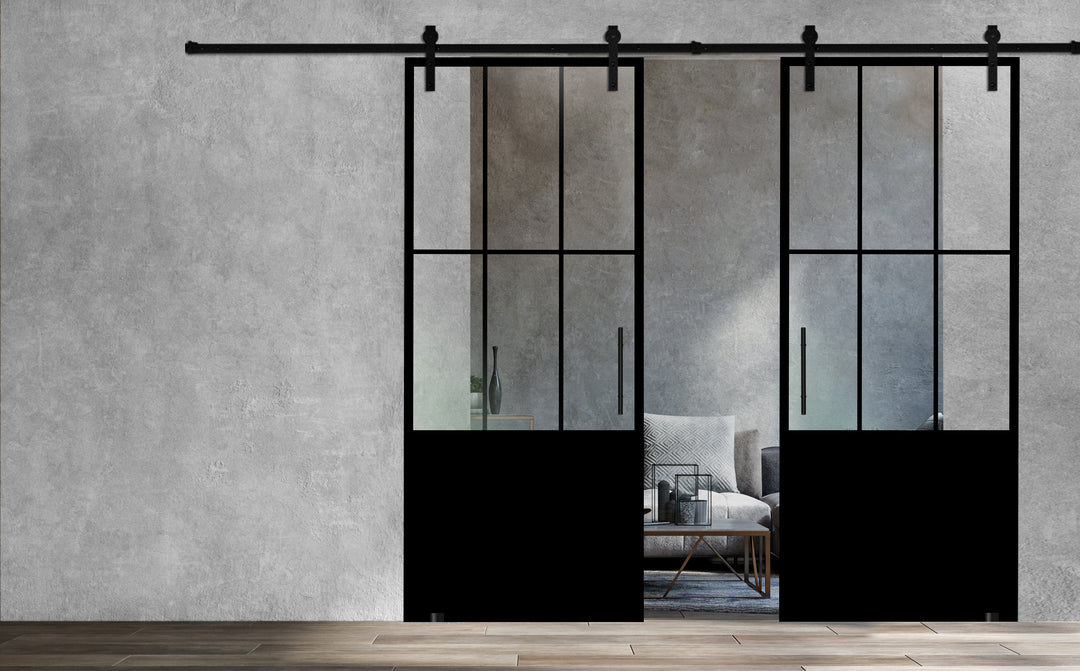 Frameless Industrial Glass Style Sliding Double Barn Door FIBD - 1381 - DoorDiscounter