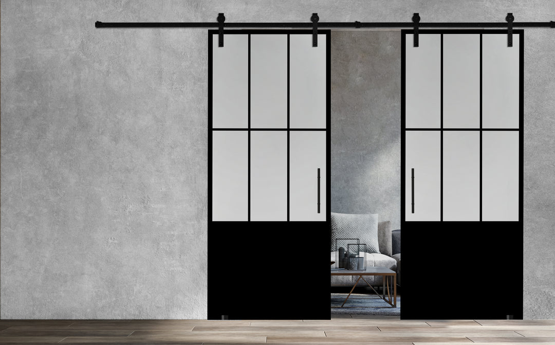 Frameless Industrial Glass Style Sliding Double Barn Door FIBD - 1381 - DoorDiscounter