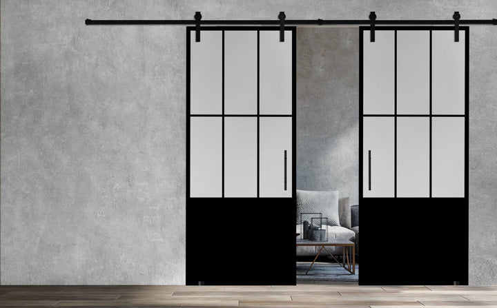 Frameless Industrial Glass Style Sliding Double Barn Door FIBD - 1381 - DoorDiscounter